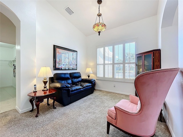 carpeted living room with lofted ceiling