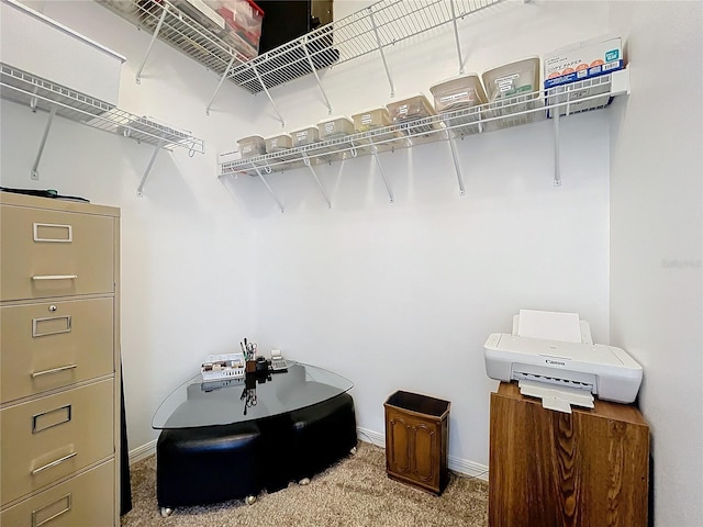 walk in closet featuring light colored carpet