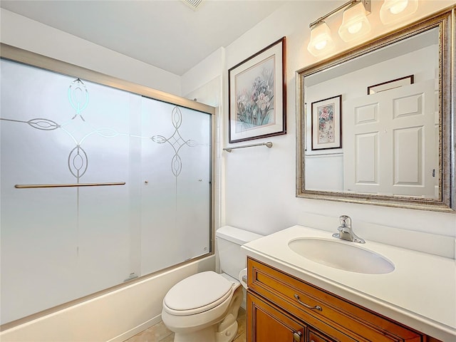 full bathroom featuring vanity, toilet, and enclosed tub / shower combo