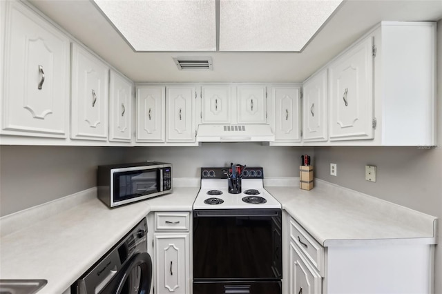 kitchen with white cabinetry, dishwasher, range hood, and electric range oven