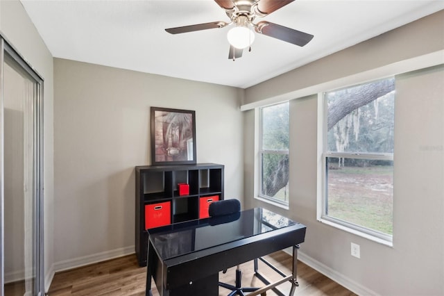 home office featuring hardwood / wood-style floors and ceiling fan