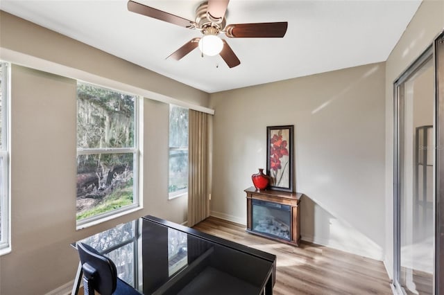 interior space with ceiling fan and light wood-type flooring