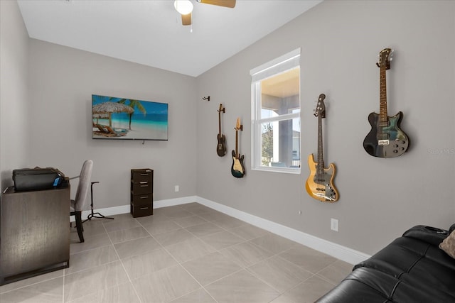 tiled office with ceiling fan