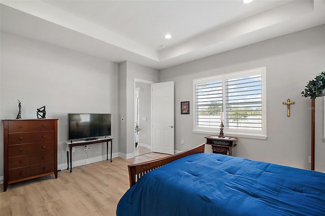 bedroom featuring baseboards, recessed lighting, and light wood-style floors