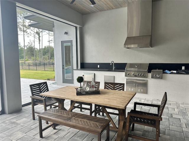 view of patio featuring fence, a sink, grilling area, a ceiling fan, and exterior kitchen
