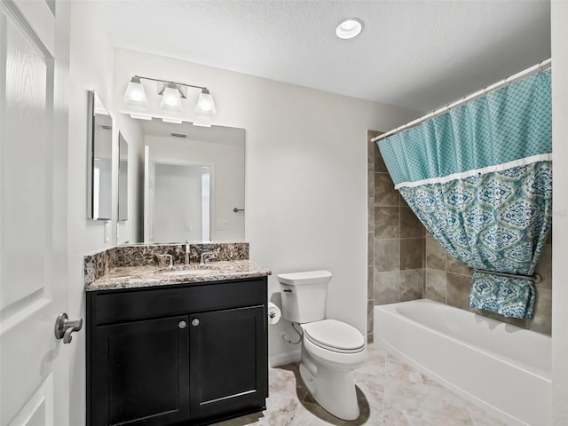 full bathroom with a textured ceiling, vanity, toilet, and shower / bathtub combination with curtain