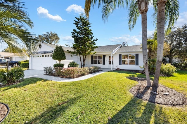 single story home featuring a garage and a front yard