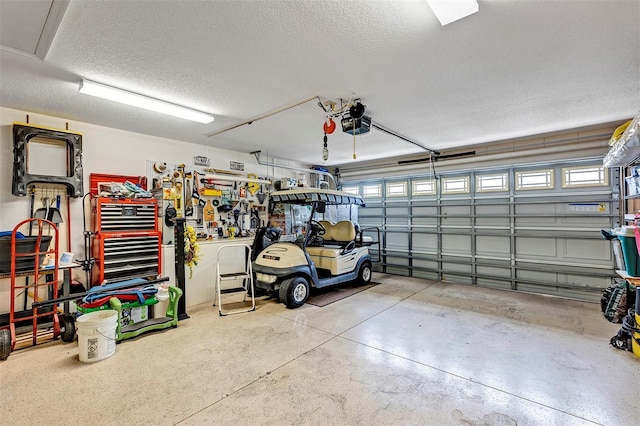 garage featuring a workshop area and a garage door opener