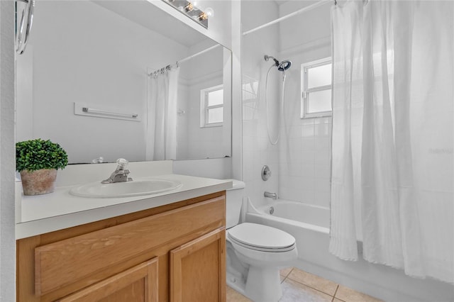 full bathroom with shower / bath combination with curtain, tile patterned floors, a healthy amount of sunlight, and toilet