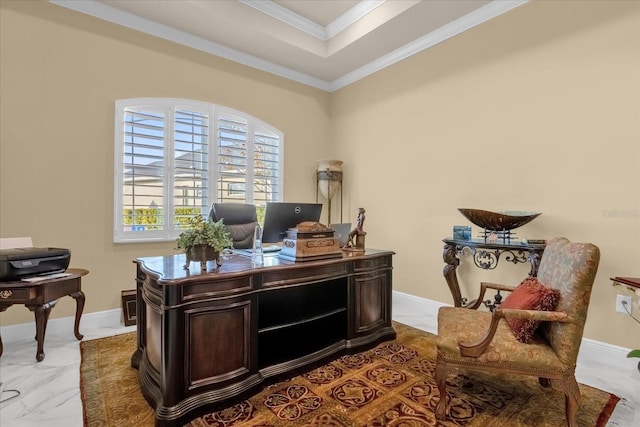 office area with a raised ceiling and crown molding