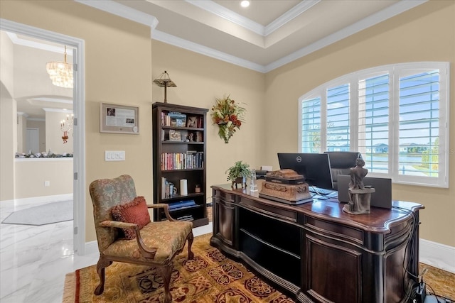 office space featuring a tray ceiling, crown molding, and a chandelier