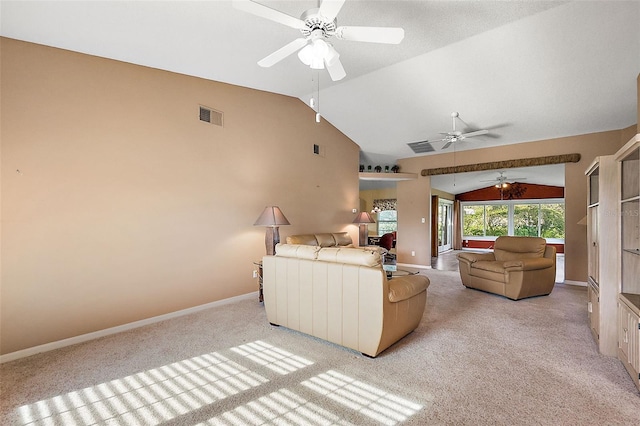 carpeted living room featuring vaulted ceiling and ceiling fan