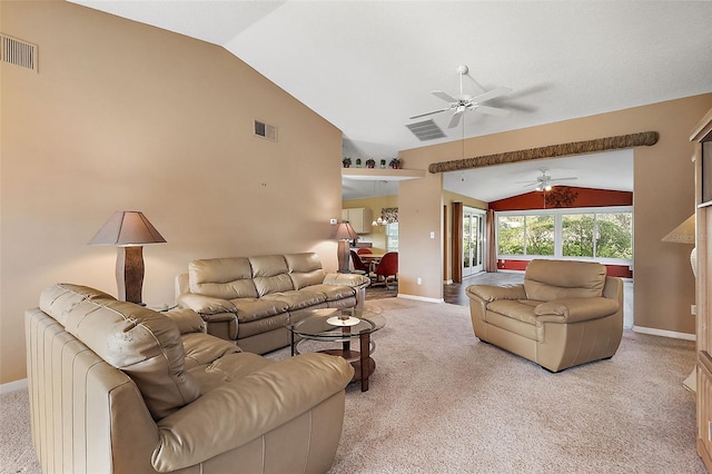 carpeted living room featuring vaulted ceiling and ceiling fan