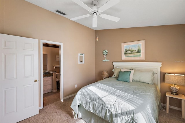 carpeted bedroom featuring ceiling fan and vaulted ceiling