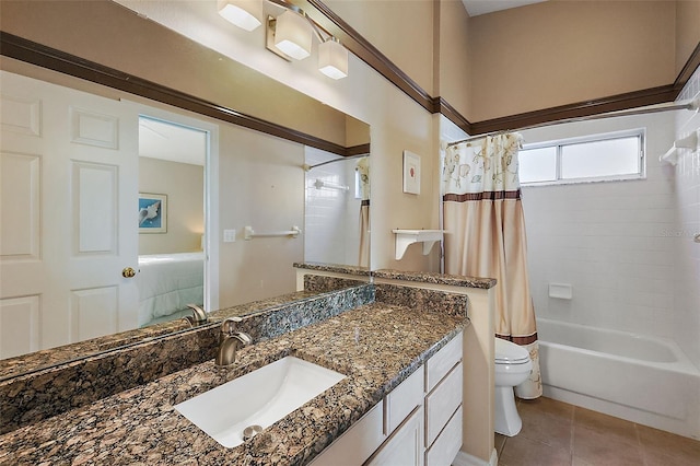 full bathroom with toilet, vanity, tile patterned floors, and shower / bathtub combination with curtain