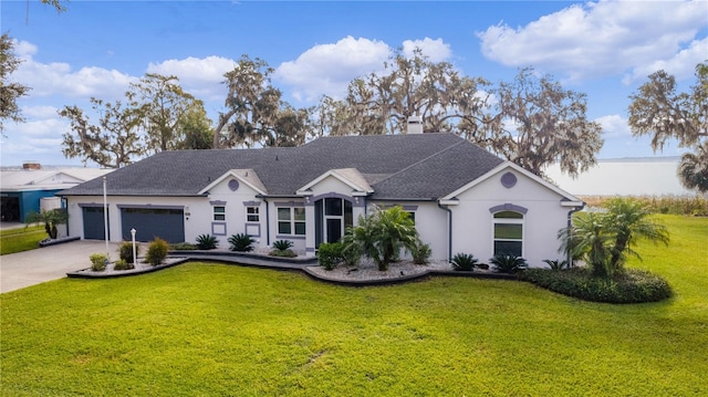 single story home with a garage and a front lawn