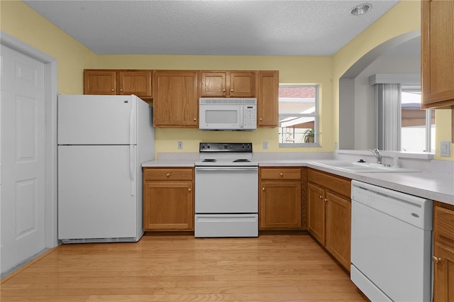 kitchen featuring a textured ceiling, sink, white appliances, and light wood-type flooring