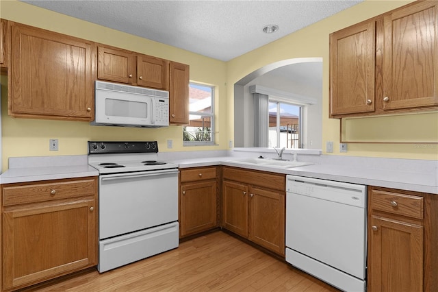 kitchen with a textured ceiling, light wood-type flooring, white appliances, and sink