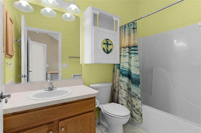 full bathroom featuring tile patterned flooring, shower / bath combo, toilet, and vanity