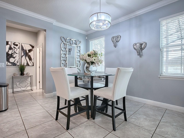 tiled dining room featuring crown molding and an inviting chandelier