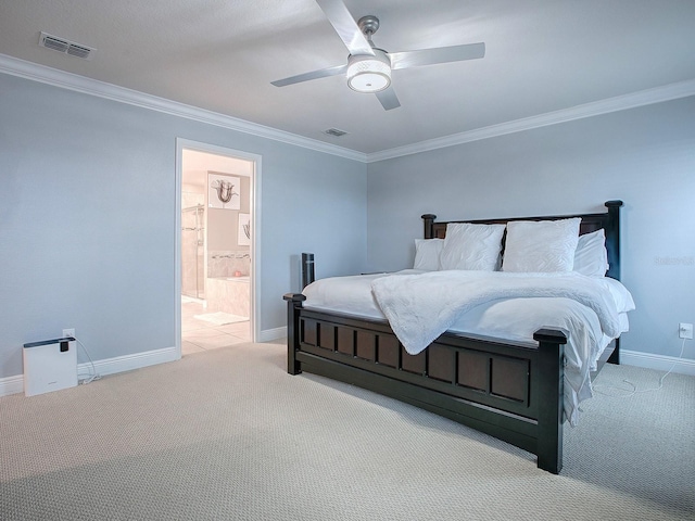 carpeted bedroom featuring connected bathroom, ceiling fan, and crown molding