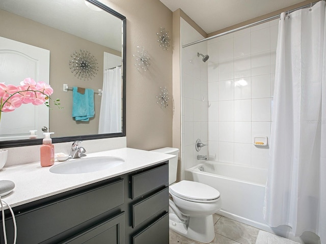 full bathroom with toilet, shower / bath combo, vanity, and tile patterned floors