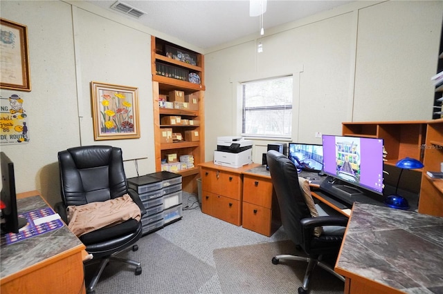 home office featuring light colored carpet