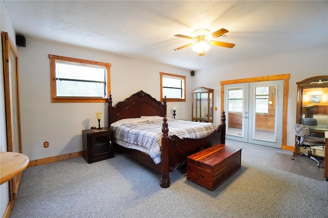 carpeted bedroom featuring french doors and ceiling fan