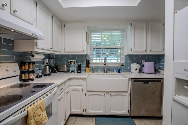 kitchen with white cabinetry, electric range, sink, stainless steel dishwasher, and light tile patterned floors