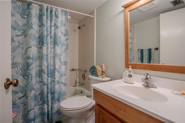 full bathroom featuring vanity, shower / bath combo, and toilet