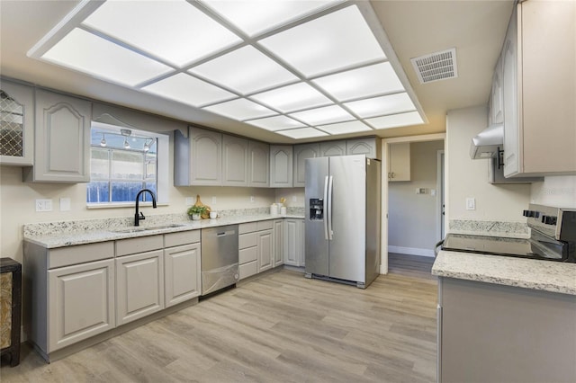 kitchen with sink, gray cabinets, range hood, appliances with stainless steel finishes, and light hardwood / wood-style floors