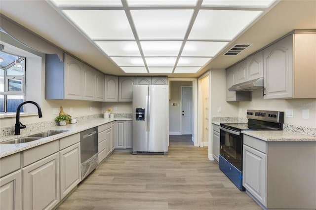 kitchen with gray cabinets, sink, light wood-type flooring, and appliances with stainless steel finishes