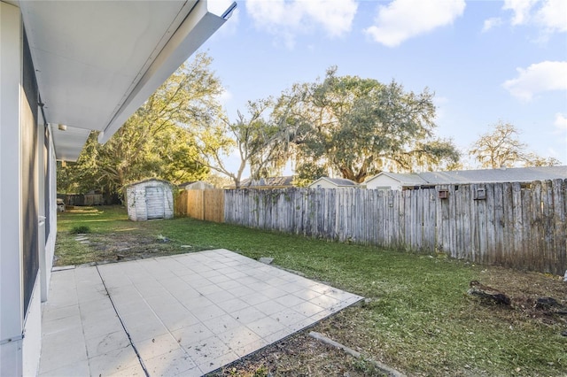 view of yard with a storage unit and a patio area