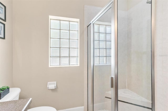 bathroom with vanity, toilet, and walk in shower