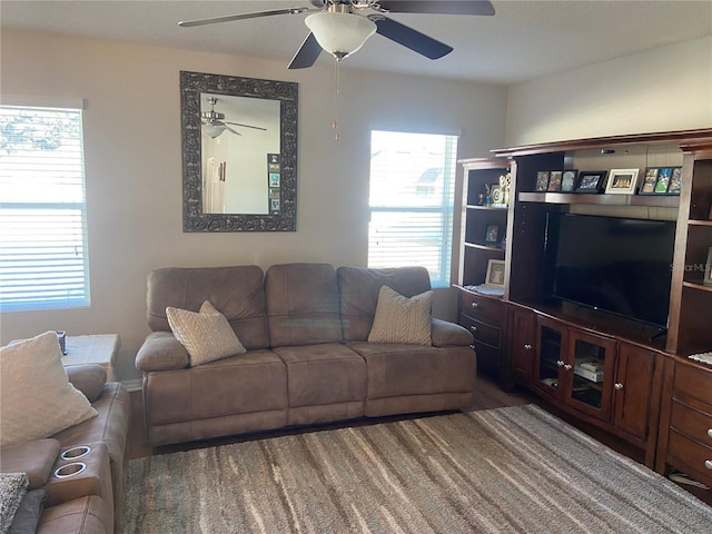 living room with ceiling fan