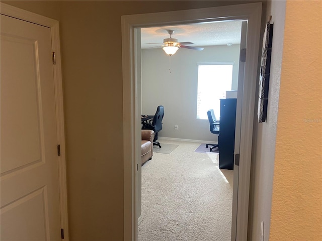 carpeted office with ceiling fan and a textured ceiling