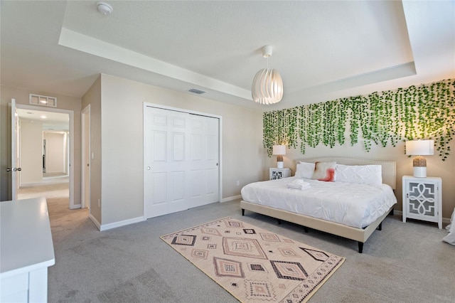 bedroom featuring carpet, a tray ceiling, and a closet