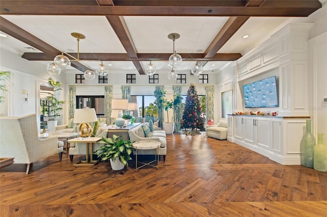 living room with hardwood / wood-style floors, beamed ceiling, and coffered ceiling