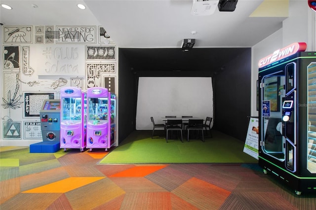 playroom with carpet floors and golf simulator