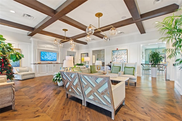 living room featuring coffered ceiling, crown molding, a notable chandelier, beam ceiling, and wood-type flooring