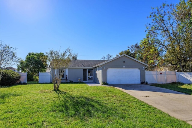 single story home with a garage and a front lawn