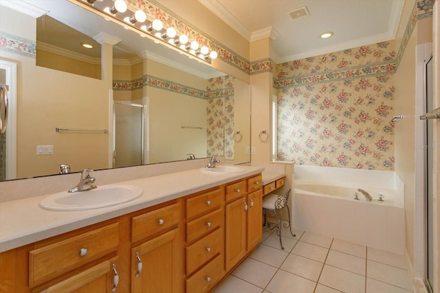 bathroom with tile patterned flooring, vanity, ornamental molding, and plus walk in shower