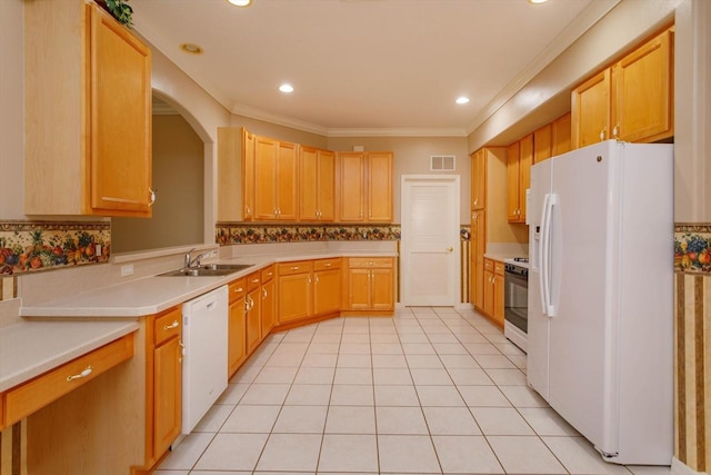 kitchen with light brown cabinets, white appliances, light tile patterned flooring, ornamental molding, and sink