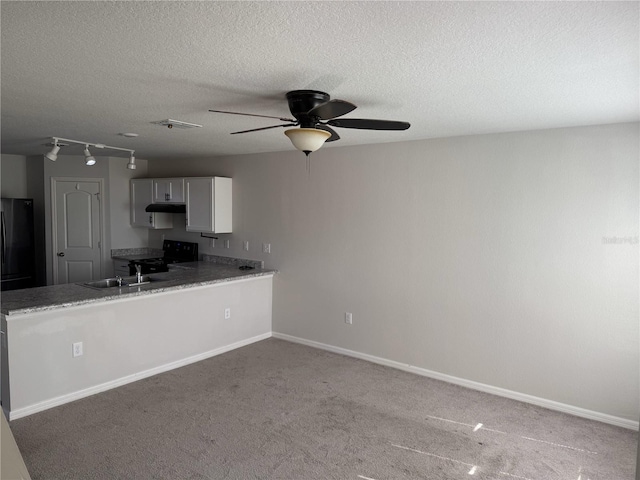 kitchen with electric range, white cabinets, a peninsula, carpet flooring, and under cabinet range hood