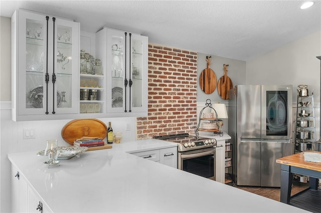 kitchen with white cabinets, dark hardwood / wood-style floors, stainless steel appliances, and a textured ceiling