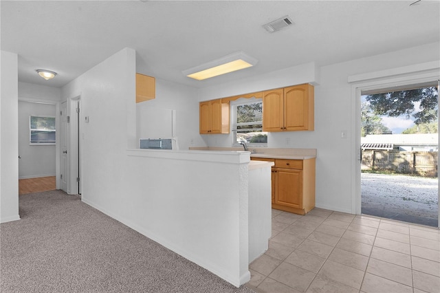 kitchen featuring a healthy amount of sunlight, kitchen peninsula, and light carpet