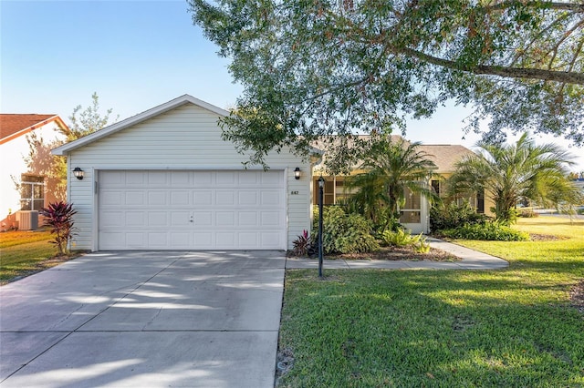 ranch-style house with central AC, a front lawn, and a garage