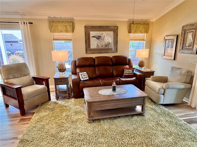 living room featuring hardwood / wood-style flooring, plenty of natural light, and ornamental molding