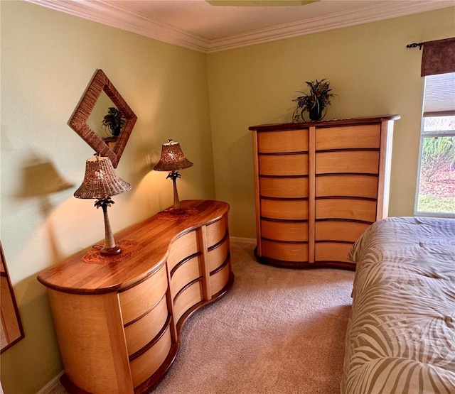 bedroom with carpet flooring and ornamental molding