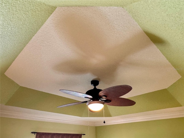 details with a textured ceiling and ceiling fan